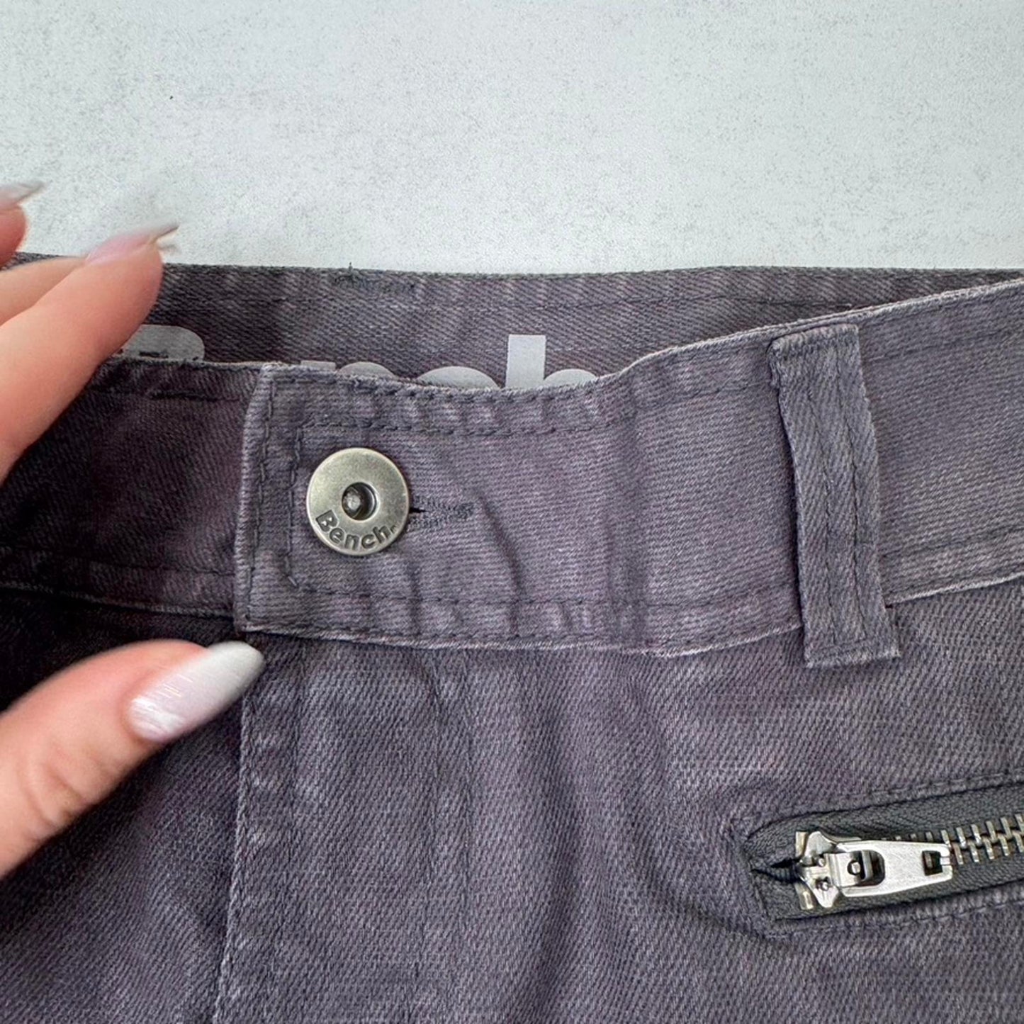 Y2K vintage Bench low rise mini skirt stretchy denim dark grey zips utility