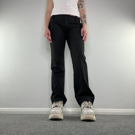 Y2K tailored office pinstripe dark grey low rise bootcut trousers