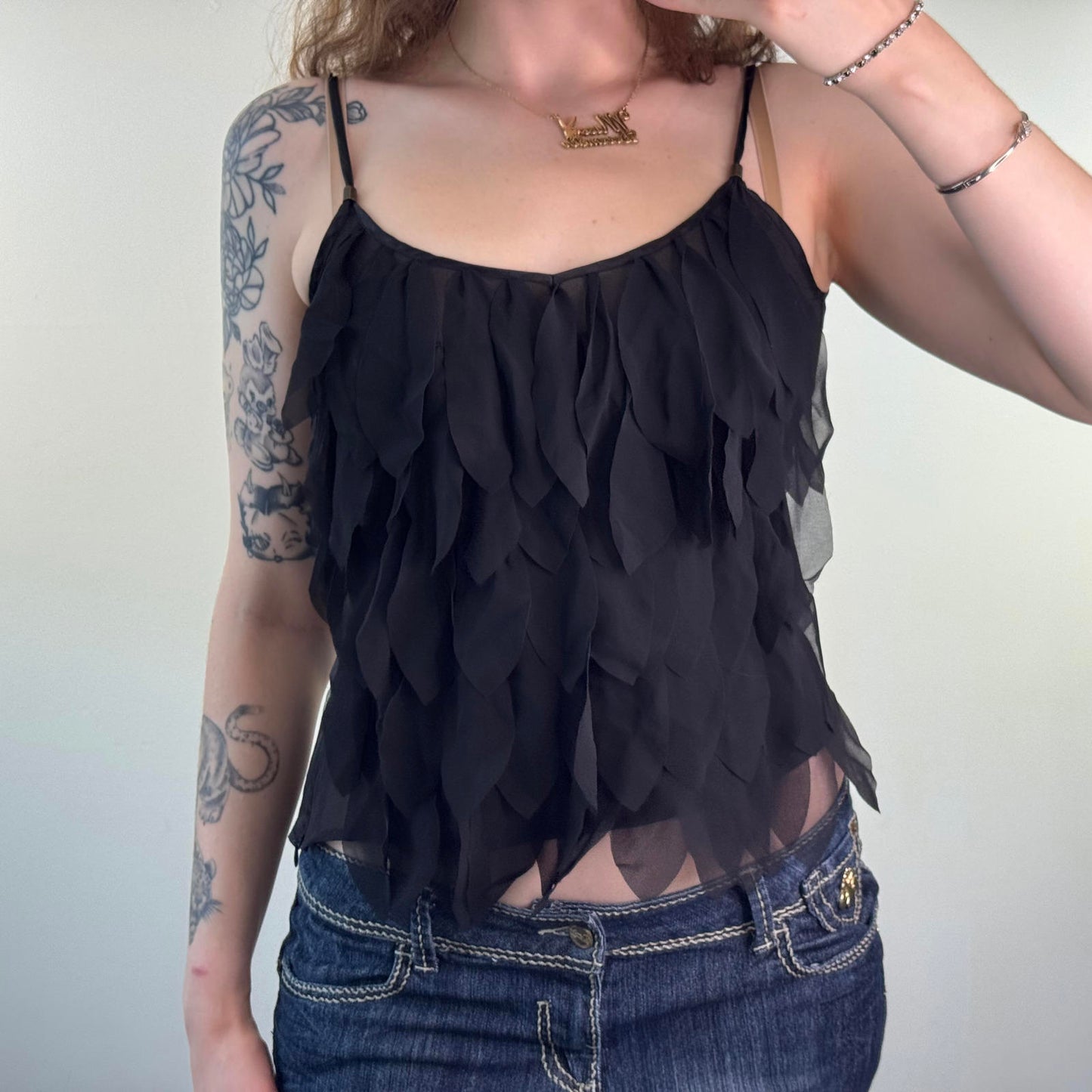 Y2K vintage 100% silk ruffle cami top strappy lightweight black