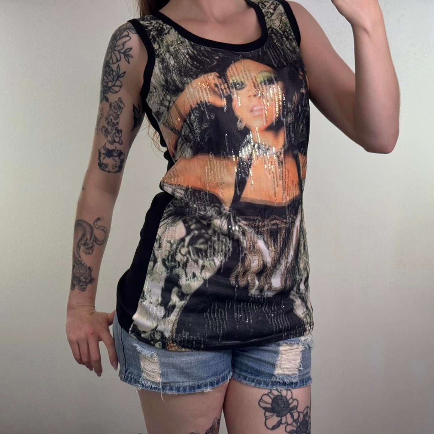 Y2K vintage sequin tank top graphic print woman ribbed long line length