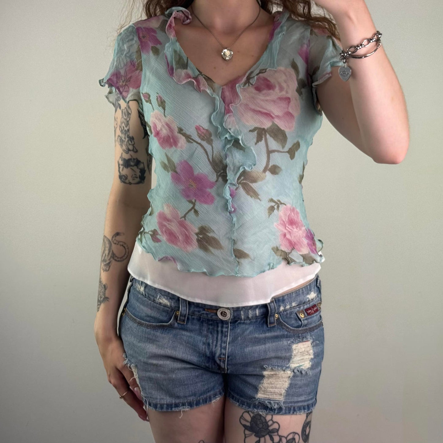Y2K vintage 100% silk double layered blouse short sleeve blue pink floral rose