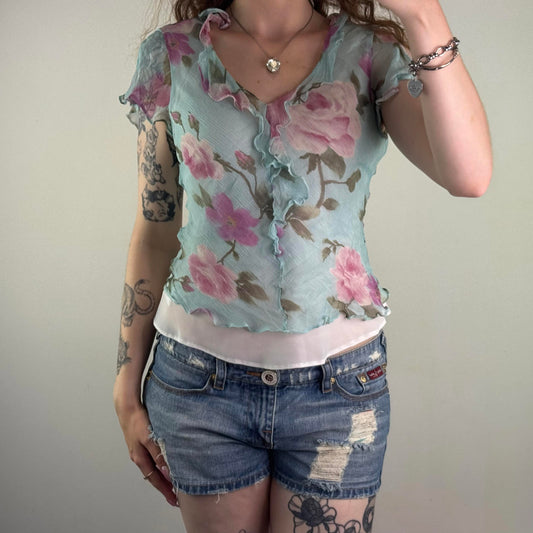 Y2K vintage 100% silk double layered blouse short sleeve blue pink floral rose