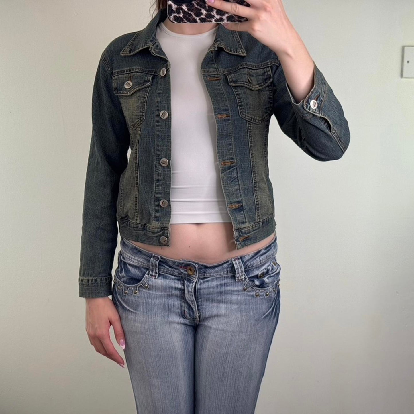 Y2K vintage fitted faded denim button up jacket dirty wash archive slight crop