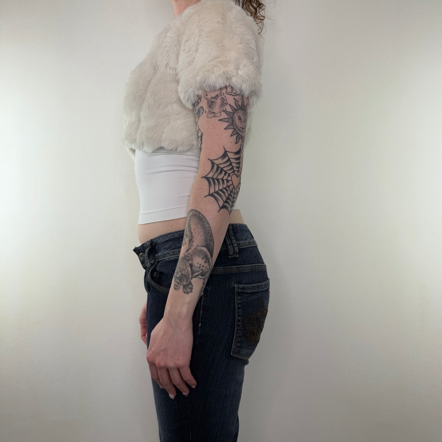 Y2K vintage faux fur cropped short sleeve jacket
