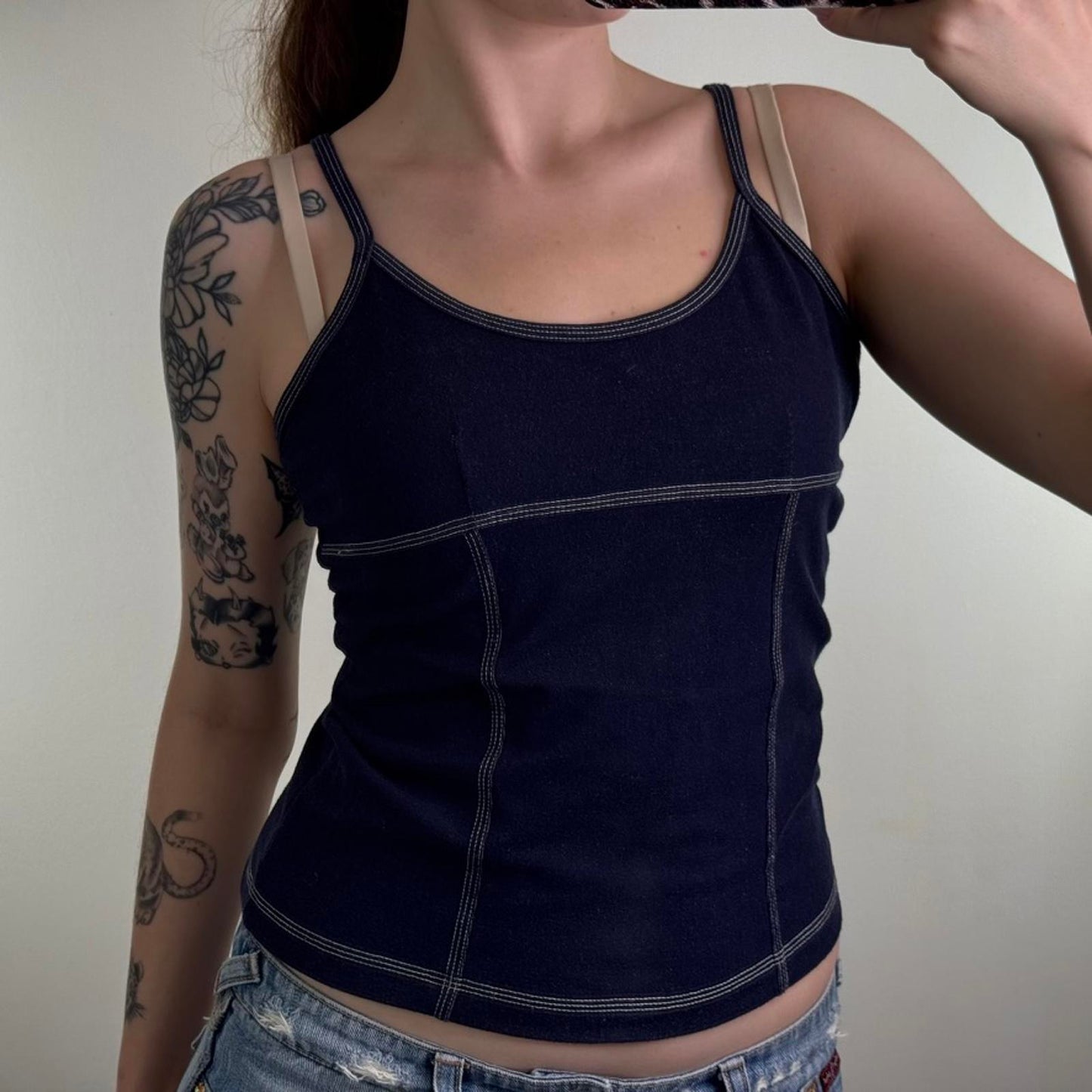 Y2K vintage denim style stretchy cami top strappy contrast stitch sporty