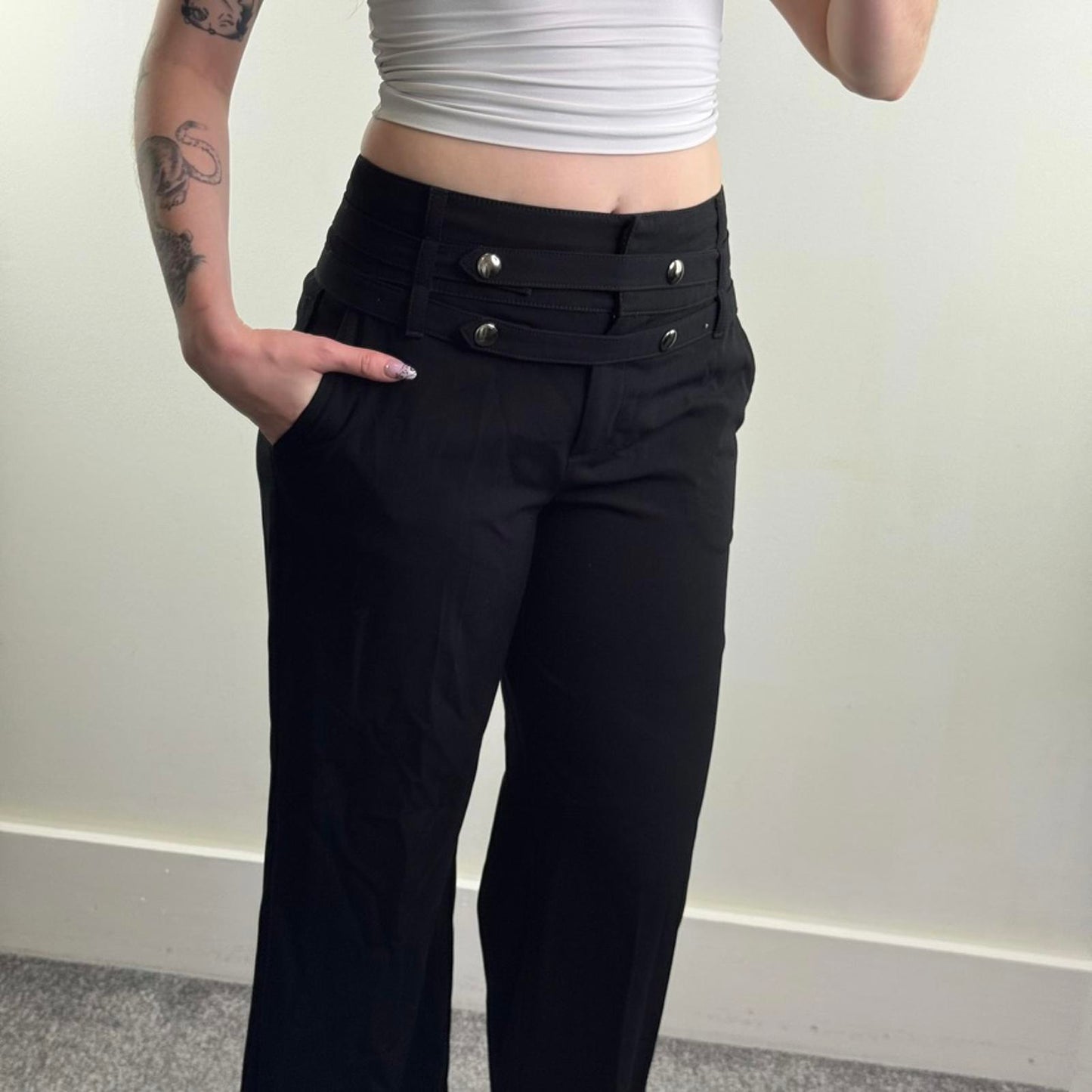 Y2K vintage mid rise tailored trousers popper buttons side pocket wide bootleg