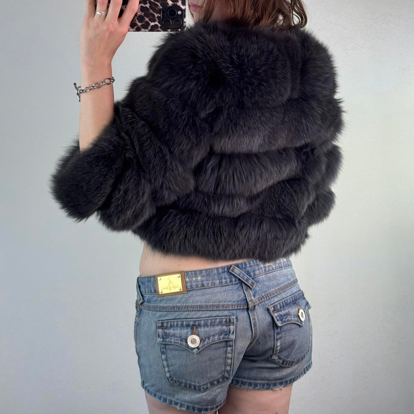 Genuine fur cropped 3/4 sleeve jacket coat  5 panel grey silk polyester lined