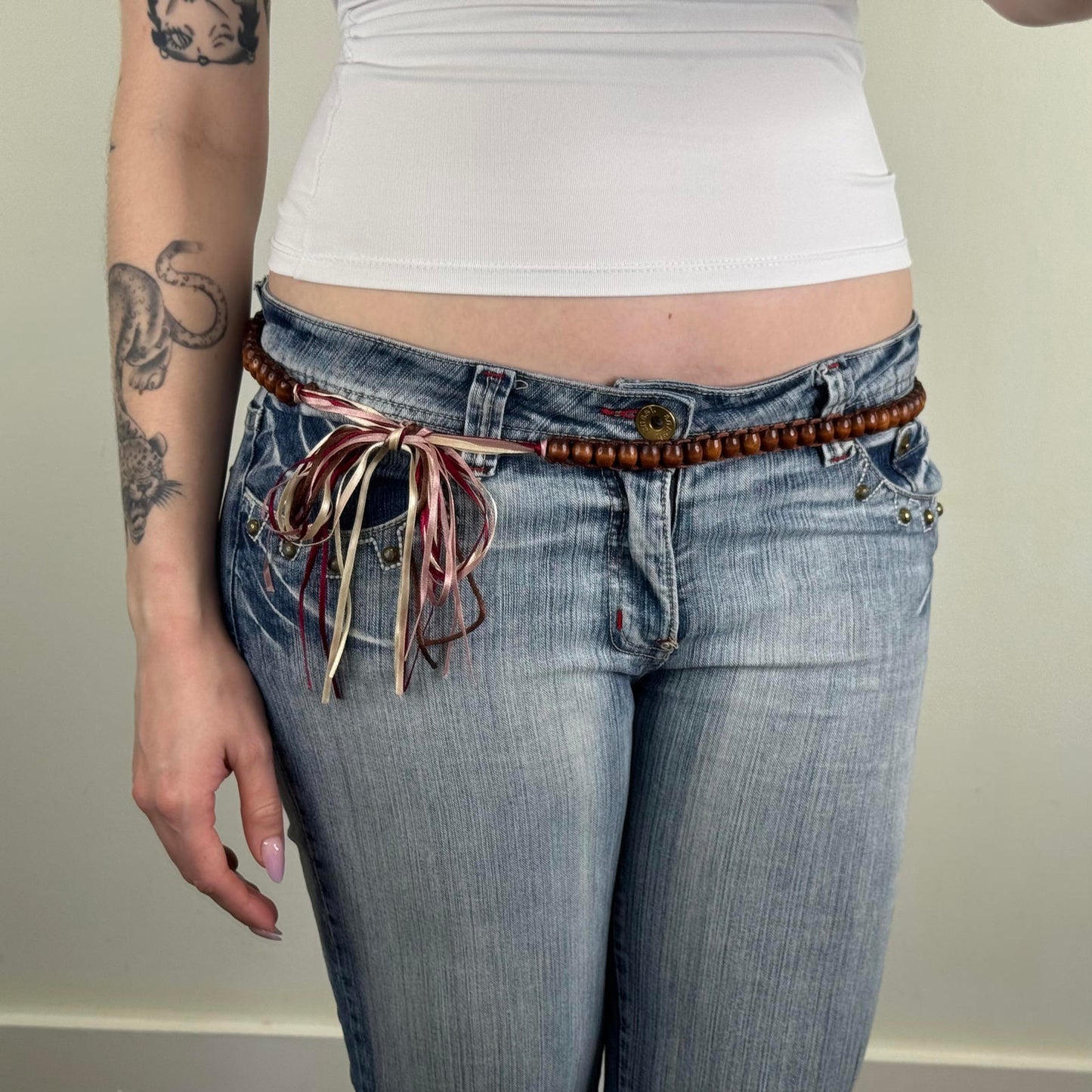 Y2K vintage beaded belt skinny ribbon wooden pink thin
