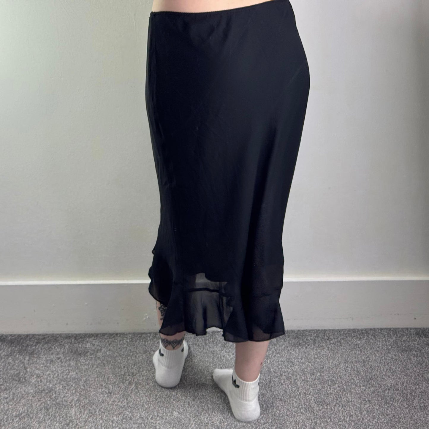 Y2K vintage low rise frilly ruffle midi skirt stretchy double sheer overlay