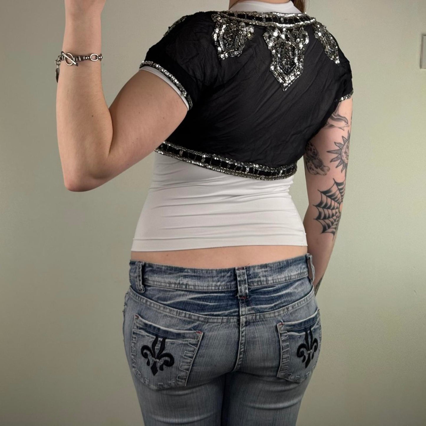 Y2K vintage 100% pure silk cropped bolero cardigan shawl sequin bow sheer v neck