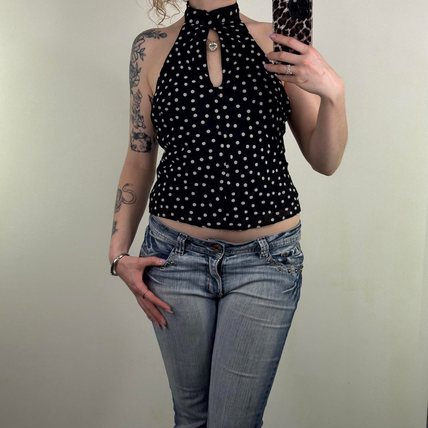 Y2K vintage Bay spotty pattern high neck top keyhole strapless halter spotted