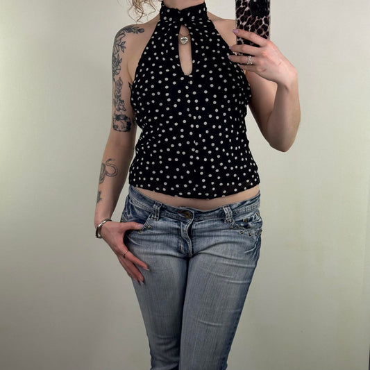 Y2K vintage Bay spotty pattern high neck top keyhole strapless halter spotted