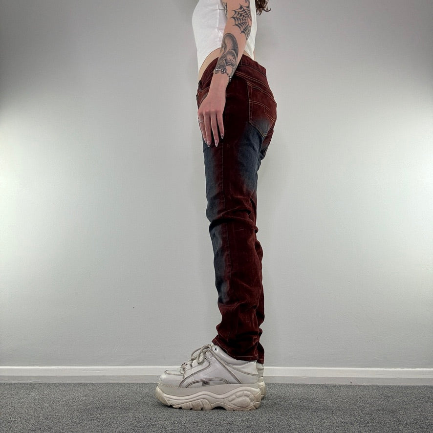 Y2K faded archive denim red suede straight leg mid rise jeans