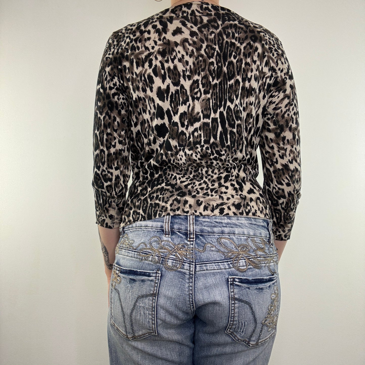 Y2K vintage leopard print cardigan button up 3/4 sleeve scoop neck fine knit