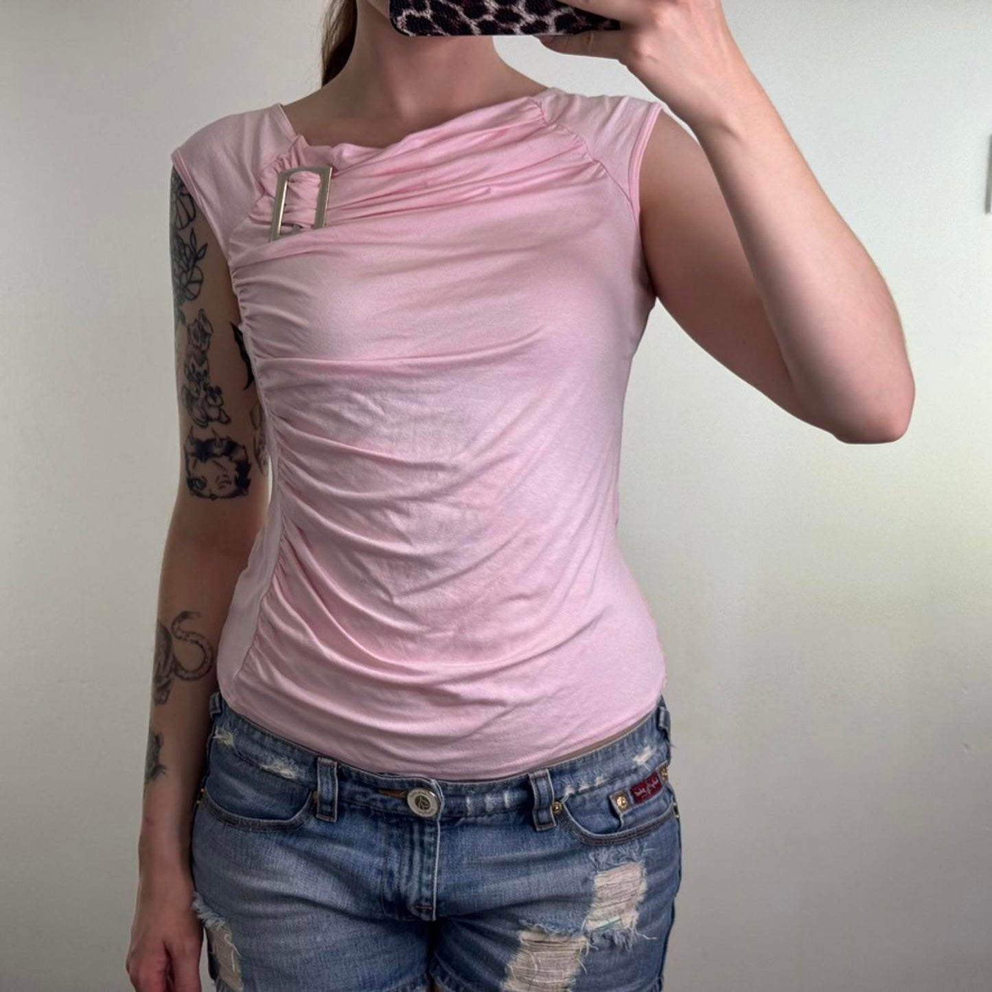 Y2K vintage ruched tank top buckle baby pink stretchy cowl neck