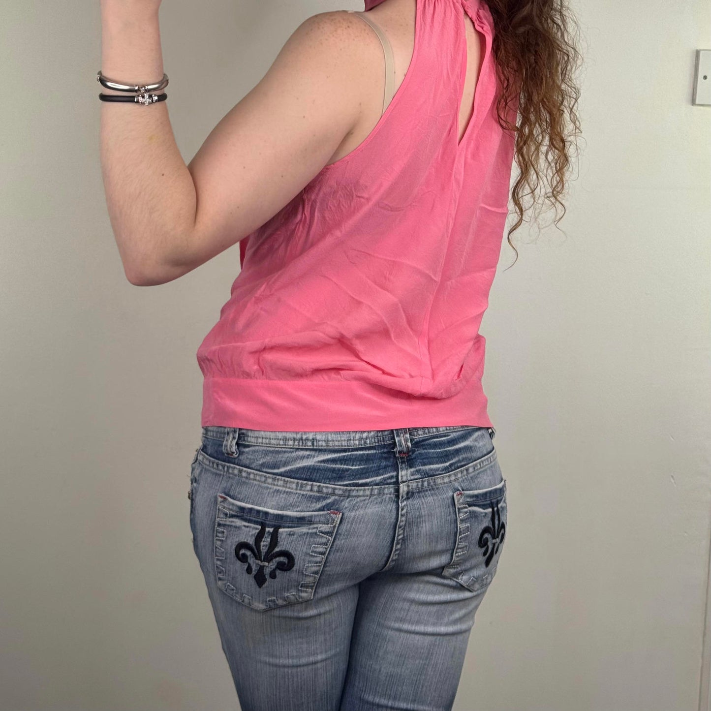 Y2K vintage 100% silk choker blouse sleeveless high neck pink buttons keyhole