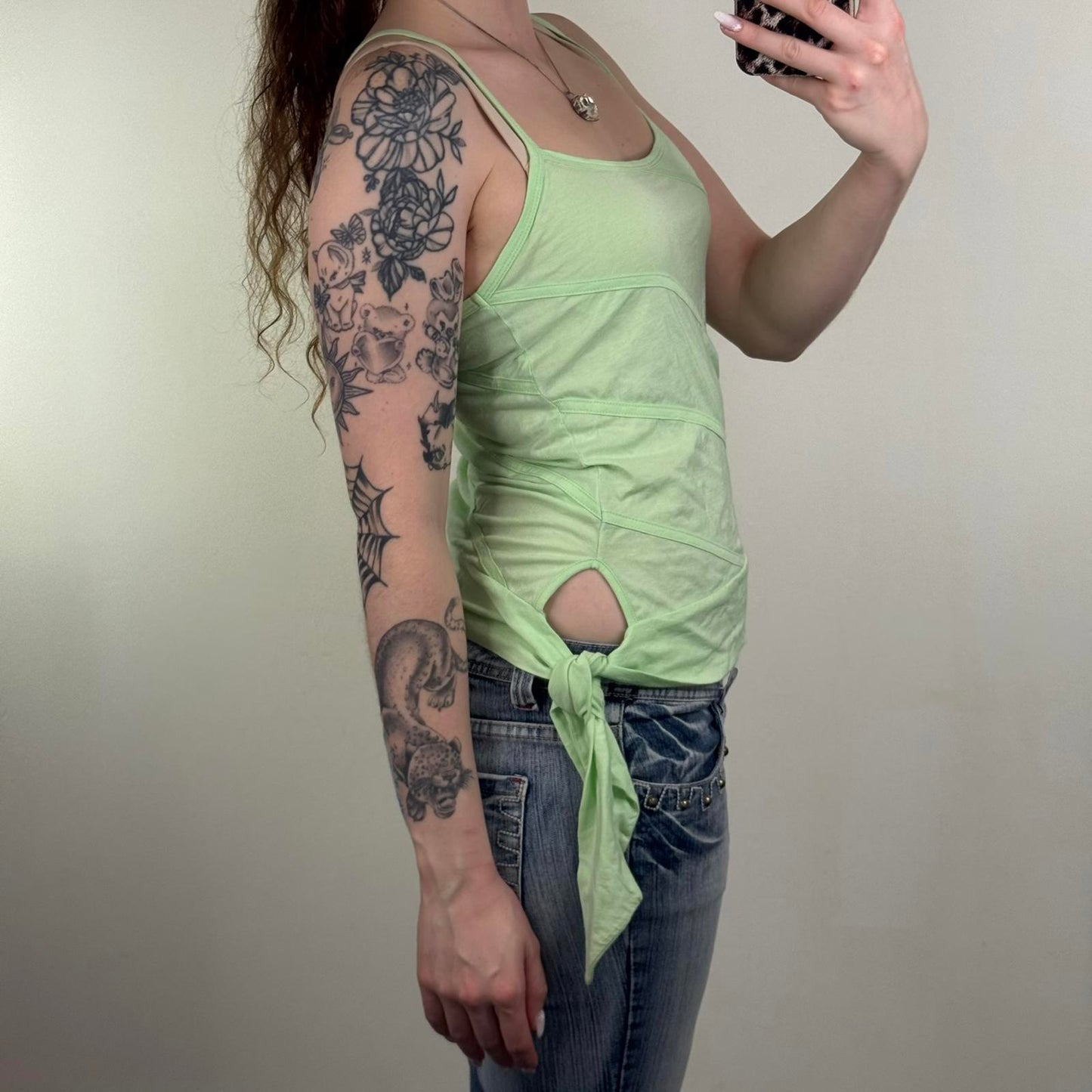 Y2K vintage strappy cami top keyhole bow light green stripe racer back