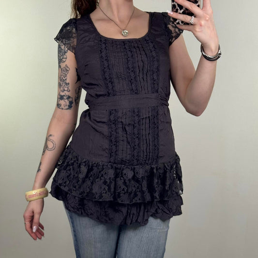 Y2K vintage coquette lace ruffle short sleeve blouse tie back bow layered tiered