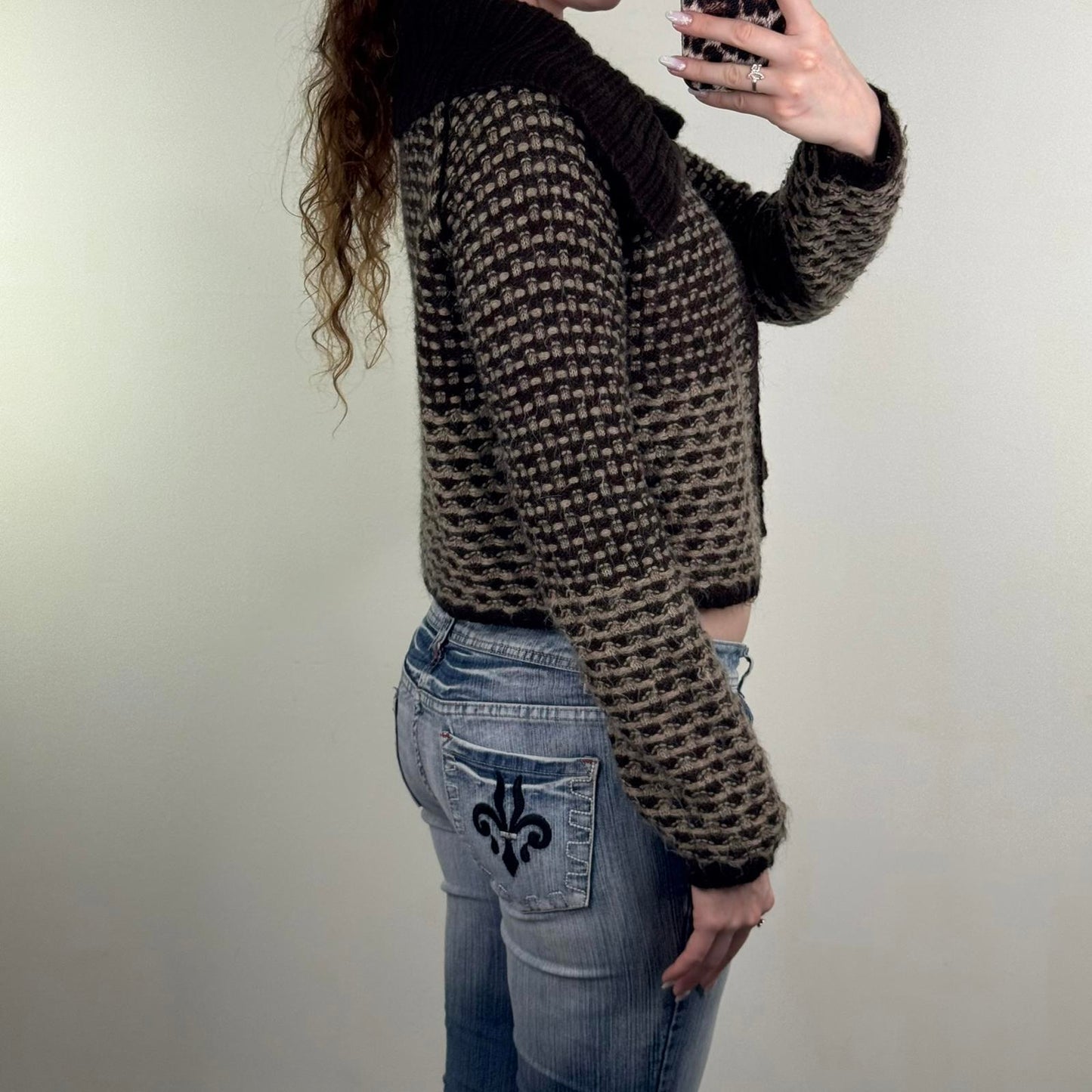 Y2K vintage Next mohair wool blend button up cardigan pea coat brown pattern