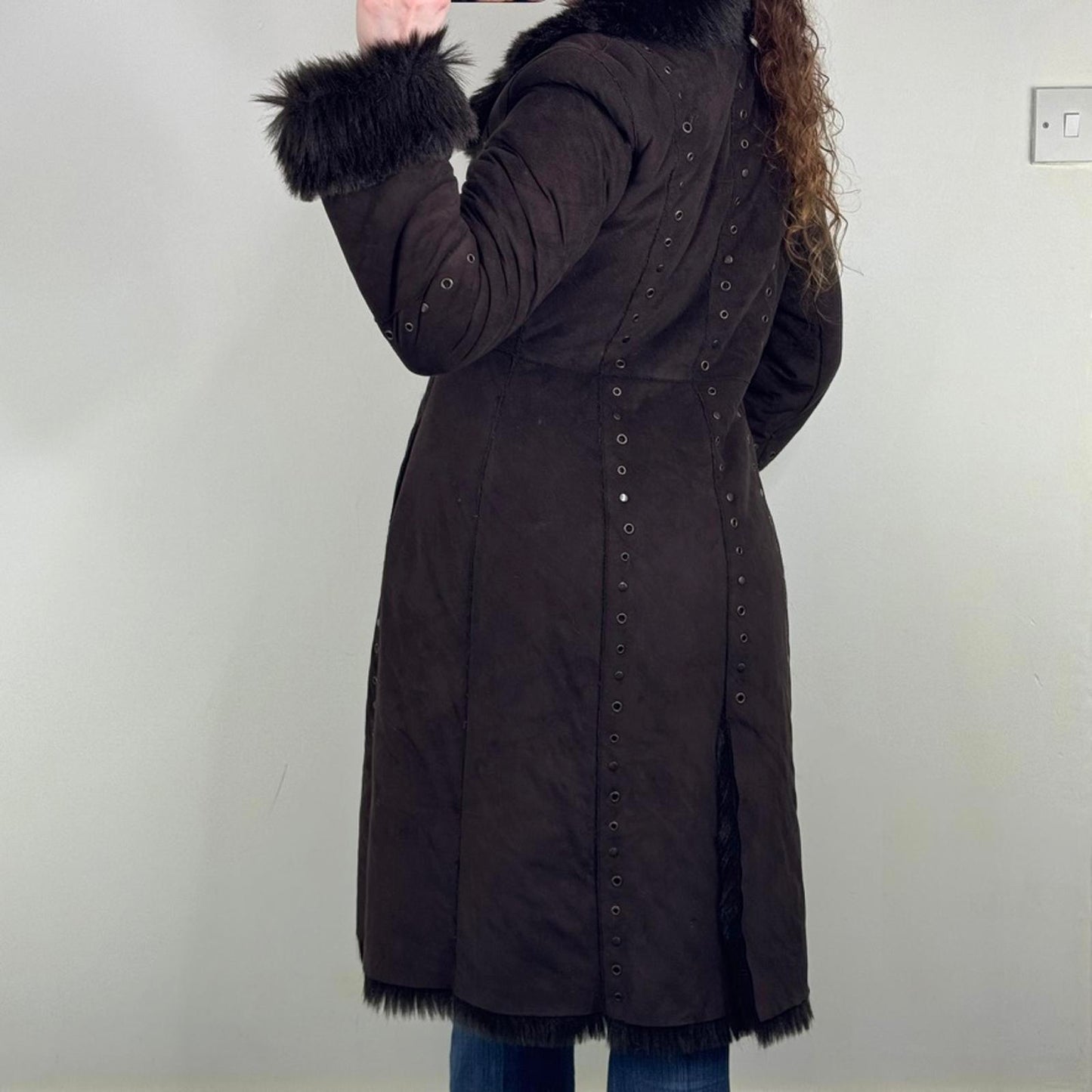 Y2K vintage faux fur coat long trench afghan full length studded grommet brown