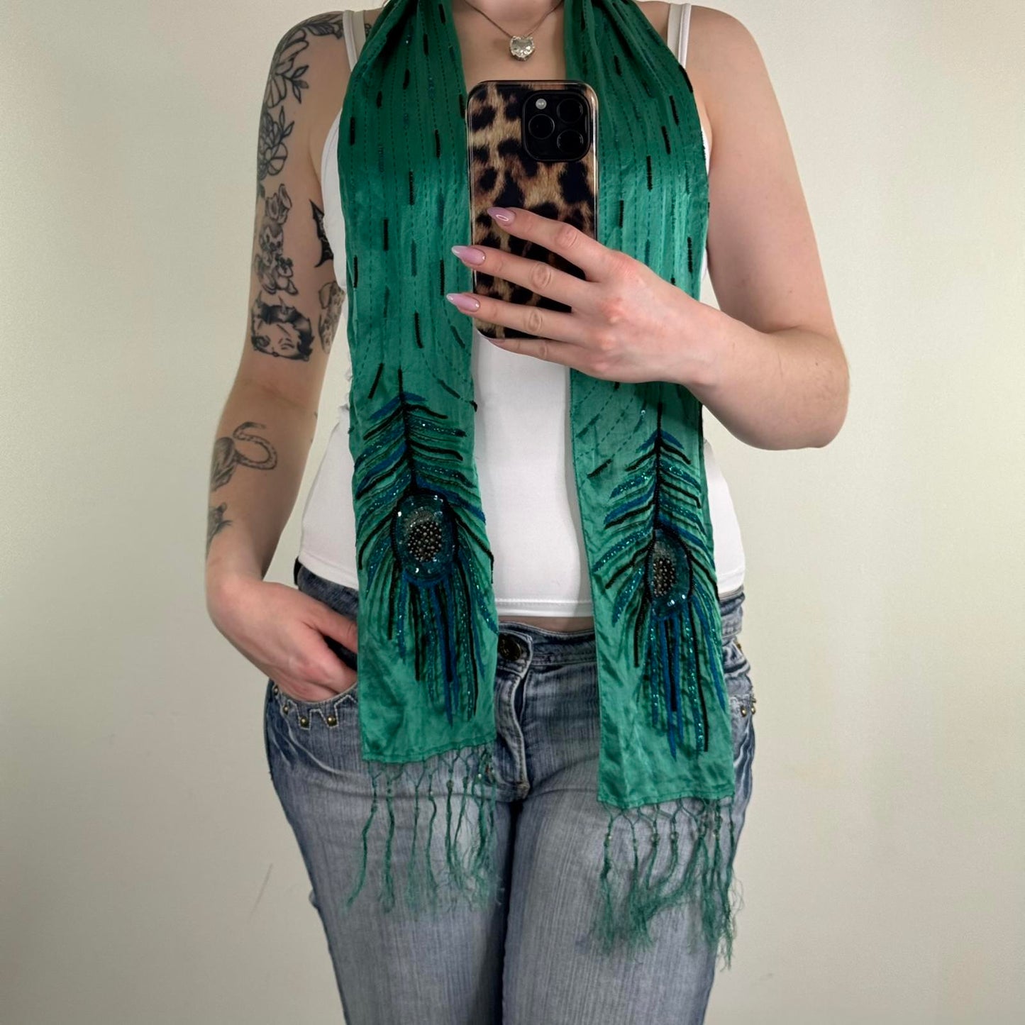 Y2K vintage silk scarf peacock feather beaded sequin fringe lightweight