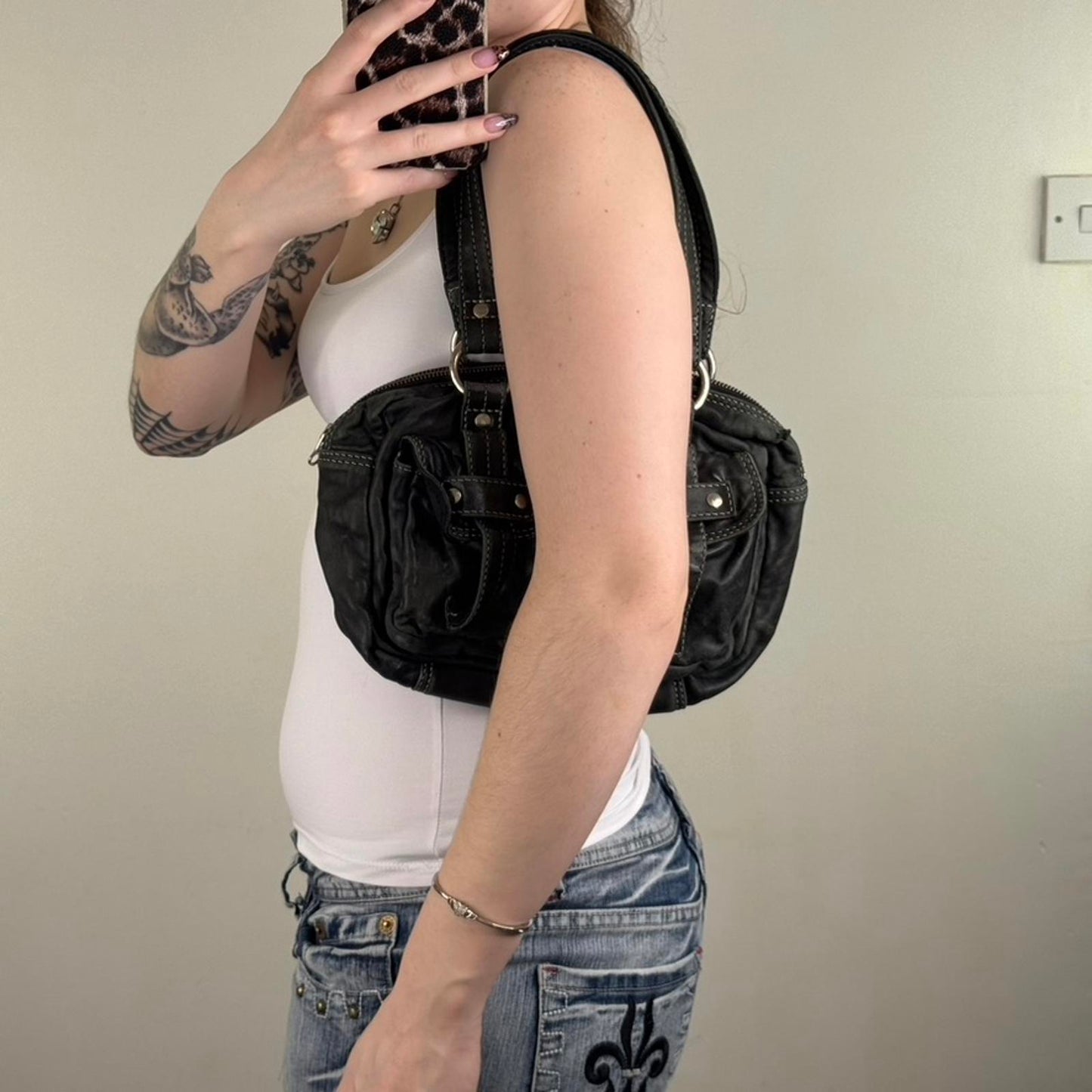 Y2K vintage 100% leather shoulder bag buckles pockets mini small o ring