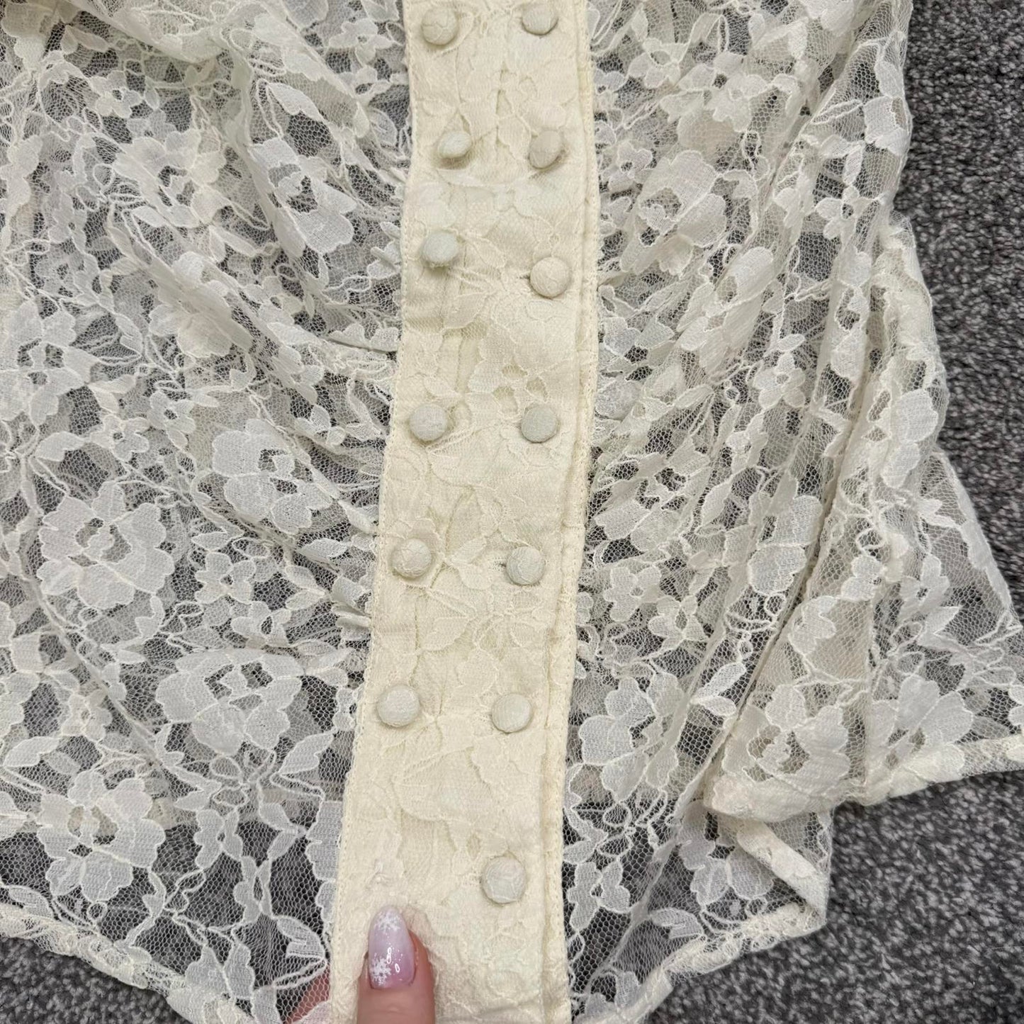 Y2K vintage lace sheer short sleeve top military buttons cream floral coquette