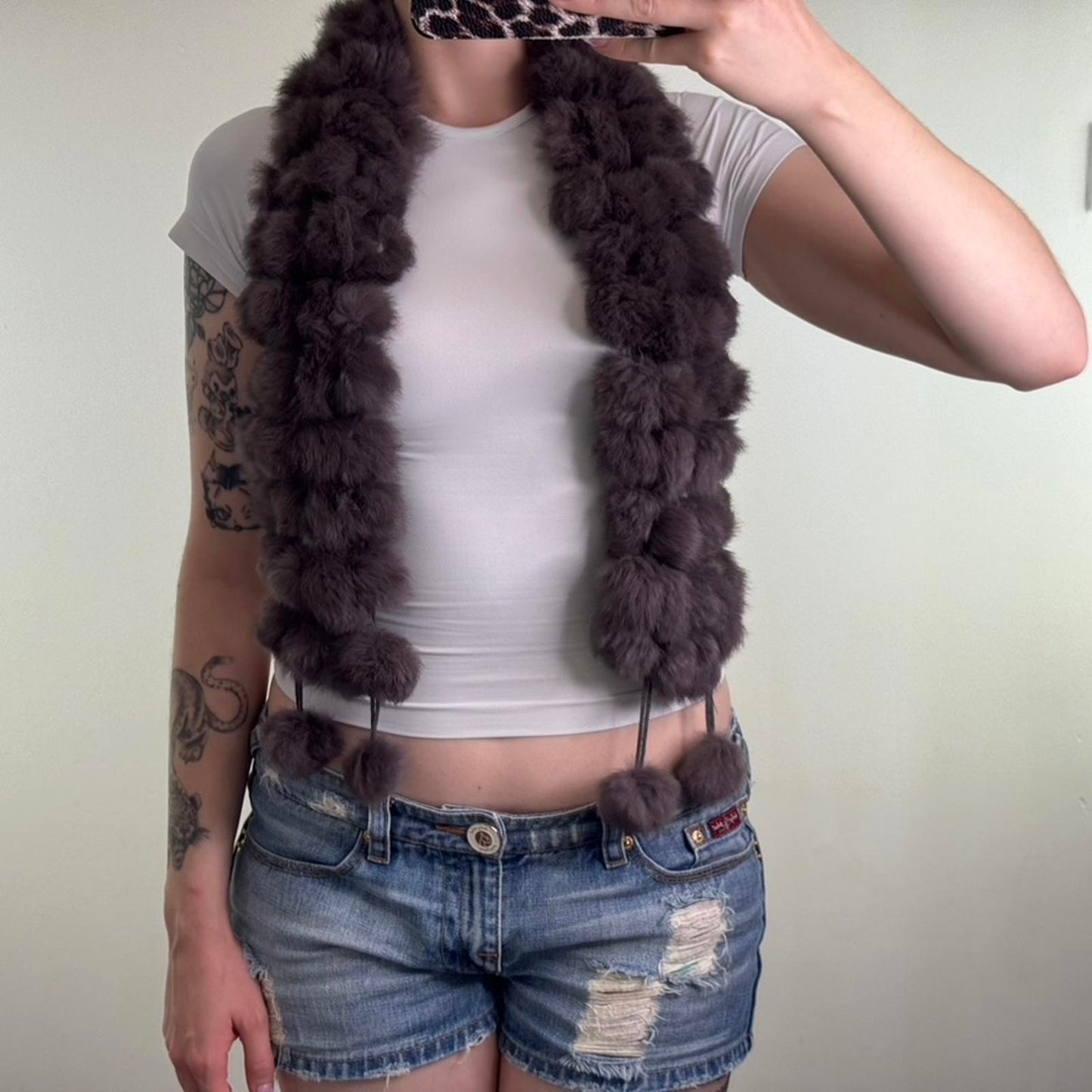 Genuine 100% real fur scarf pom poms brown lapin soft