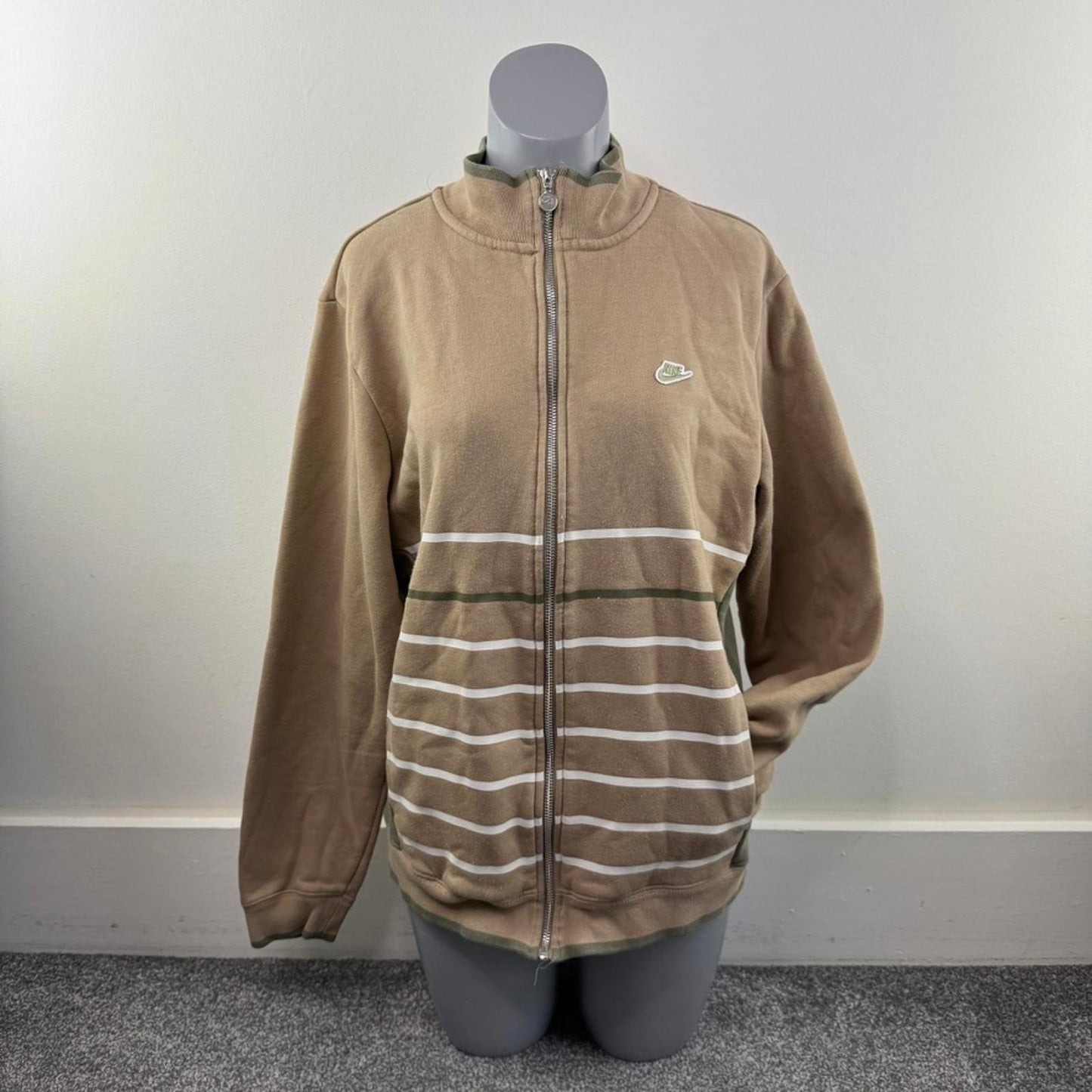 Y2K vintage Nike zip up jumper stripe high neck beige khaki stripy silver