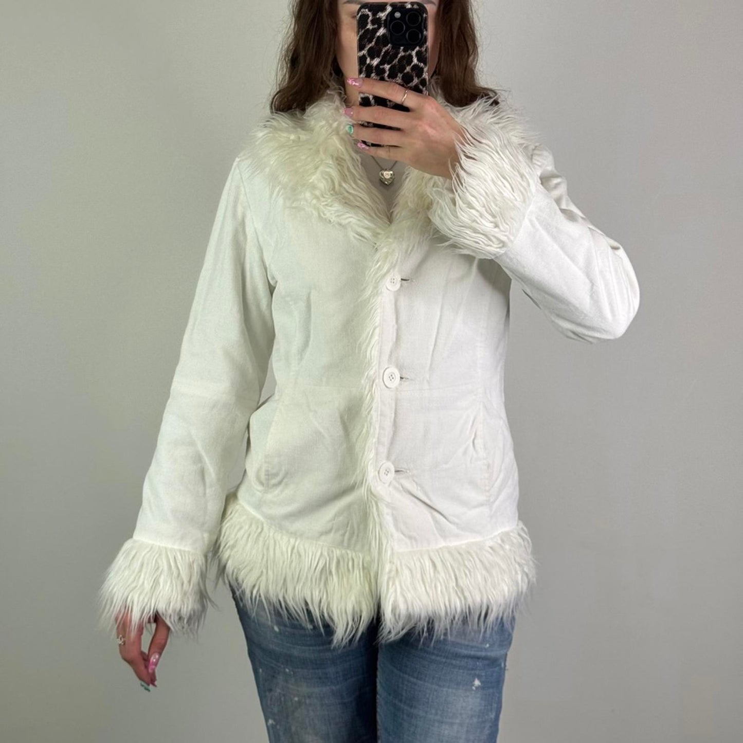 Y2K vintage afghan faux fur trim coat button up soft touch jacket white size 10