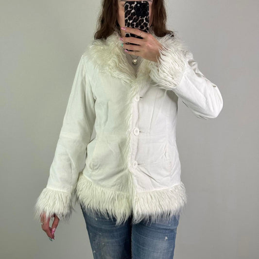 Y2K vintage afghan faux fur trim coat button up soft touch jacket white size 10