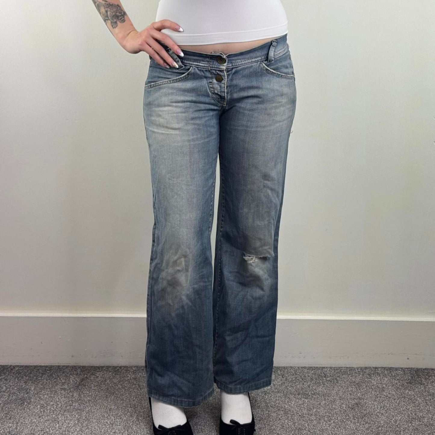Y2K vintage Miss Sixty low rise jeans wide flare leg baggy distressed dirty wash