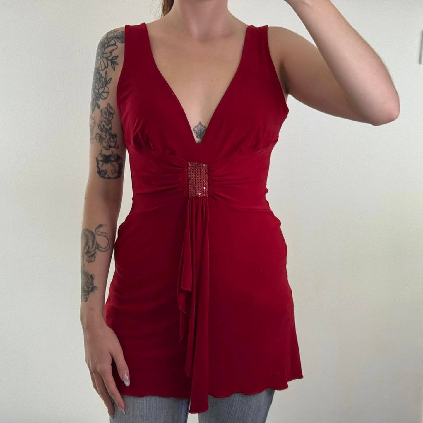 Y2K vintage slinky ruffle tank top ruched stretchy long length v neck red