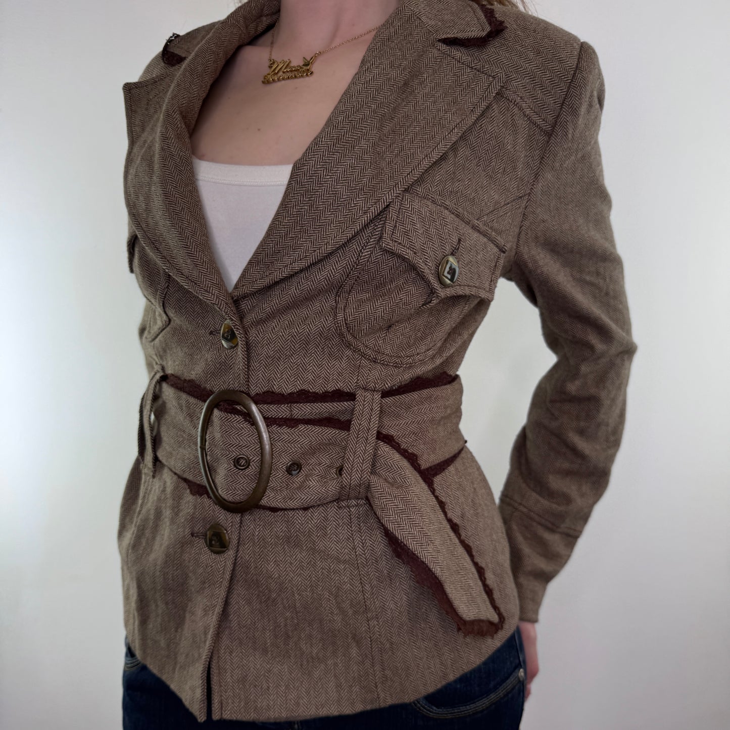 Y2K vintage herringbone lace trim tweed jacket with belt