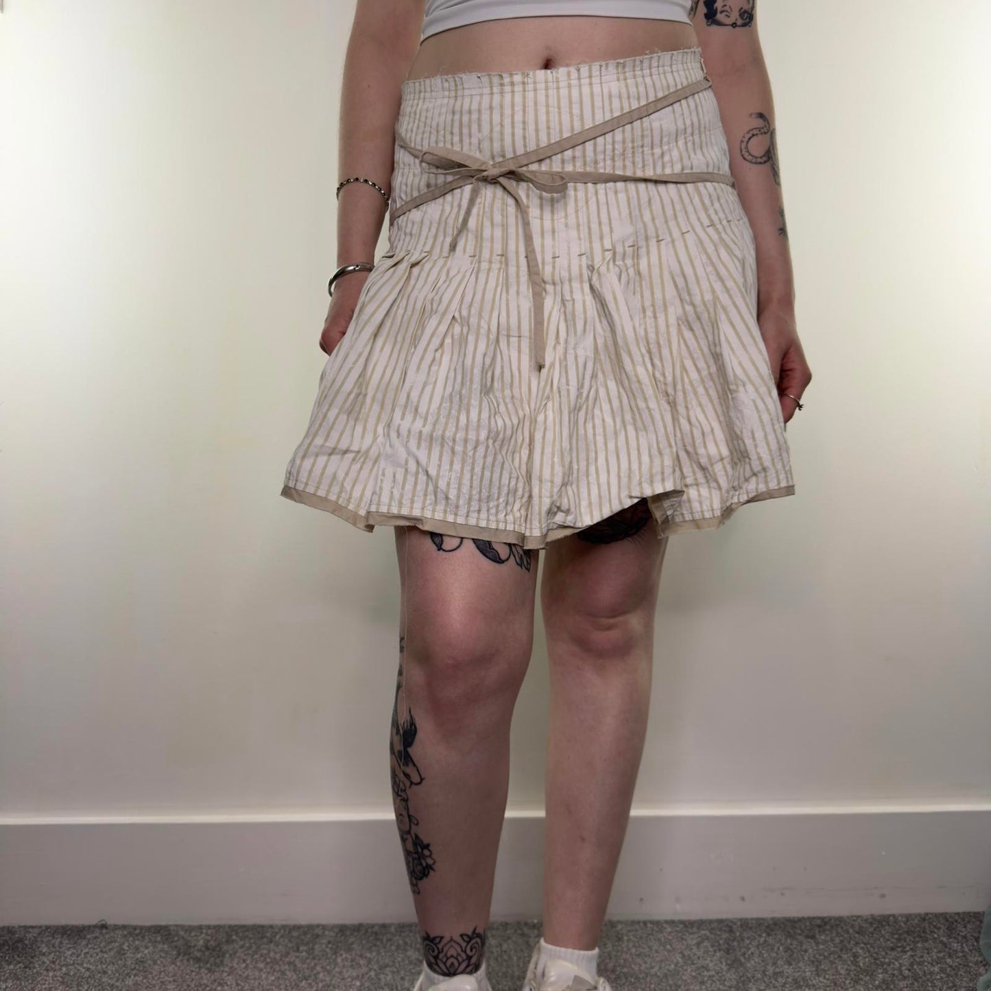 Y2K vintage striped mini skirt cotton coquette beige white criss cross wrap bow