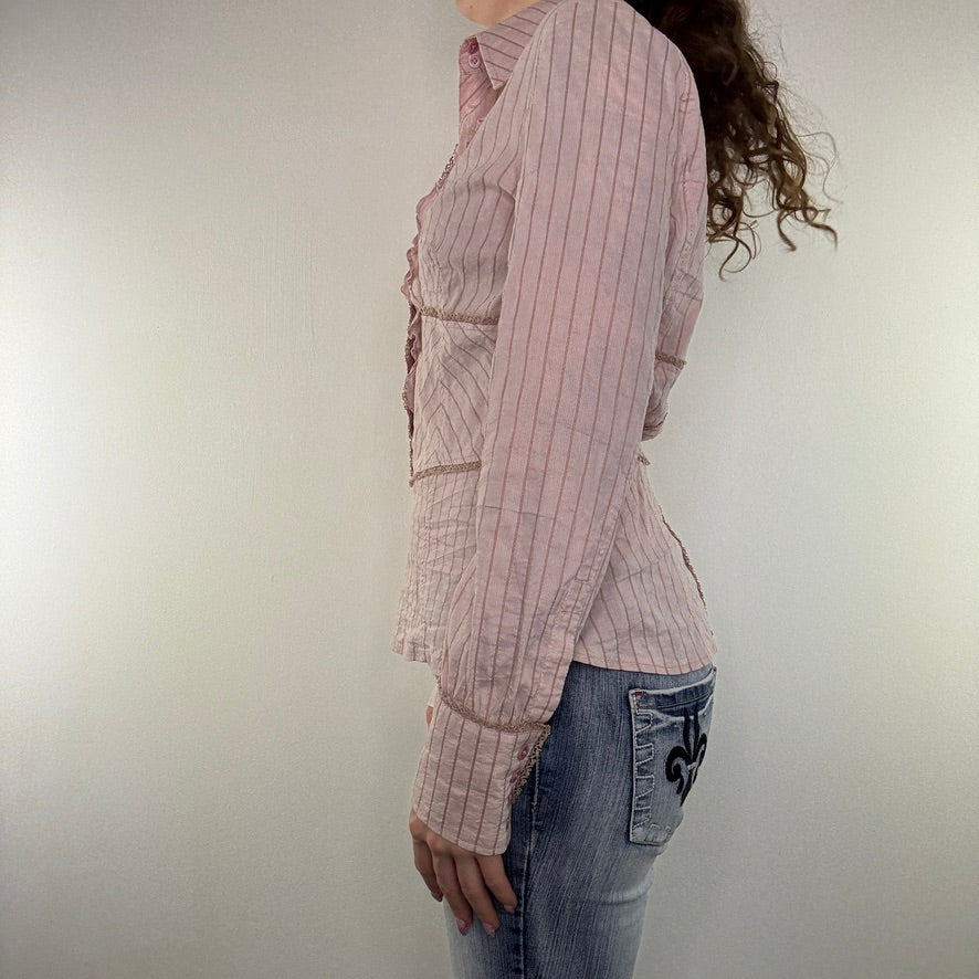 Y2K vintage button up stretchy shirt frilly lace trim ruffle pinstripe archive