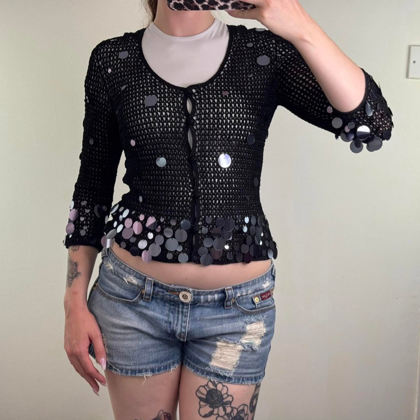 Y2K vintage crochet sequin embellished cardigan knit 3/4 sleeve scoop neck