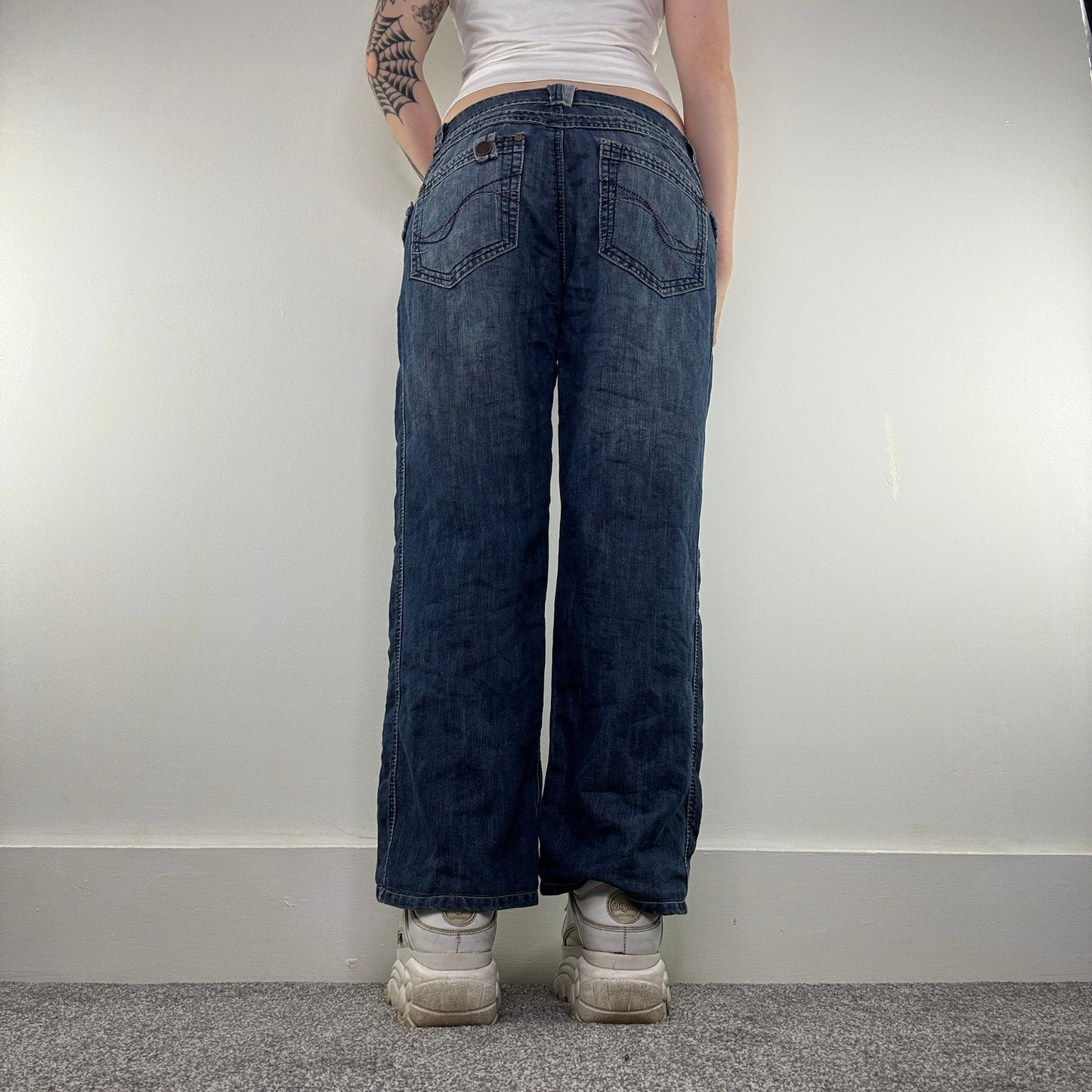 Y2K vintage slouchy baggy jeans faded denim mid rise two tone utility cargo