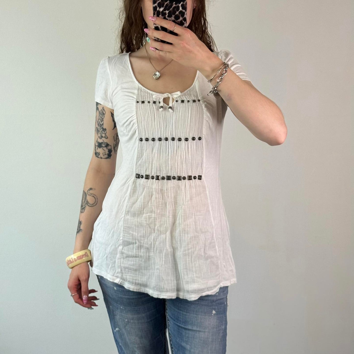 Y2K vintage studded beaded flowy milkmaid style top short sleeve pleated boho