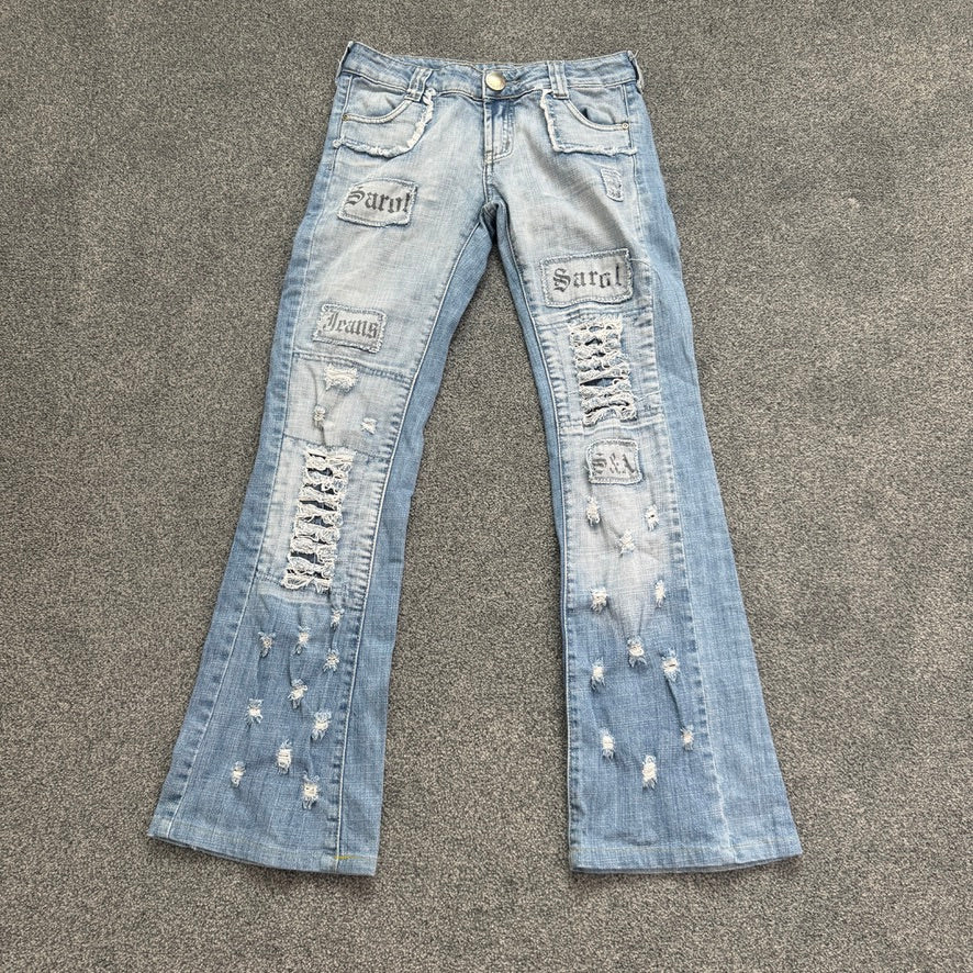 Y2K vintage low rise distressed slogan faded denim bootcut jeans