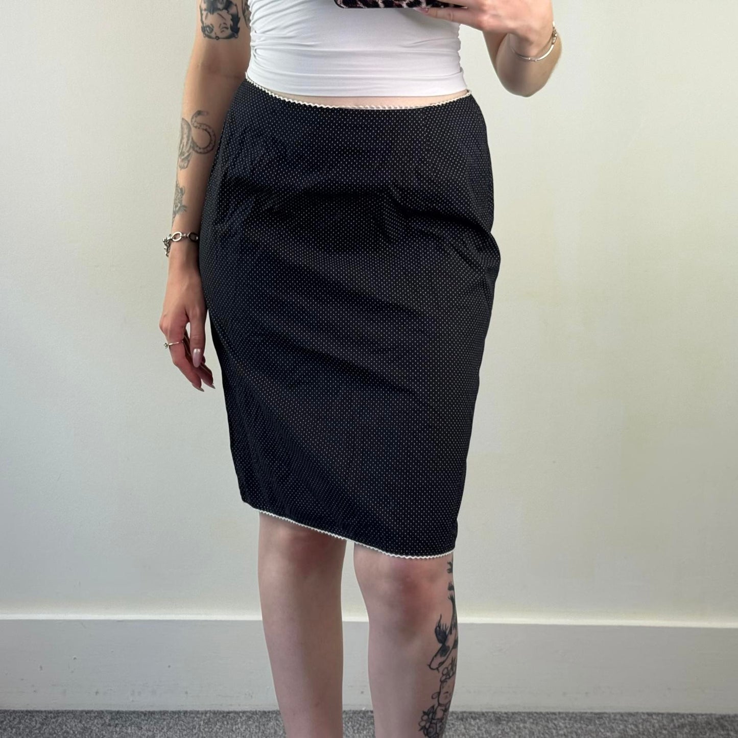 Y2K vintage polka dot midi skirt white trim black knee length spotty high waist