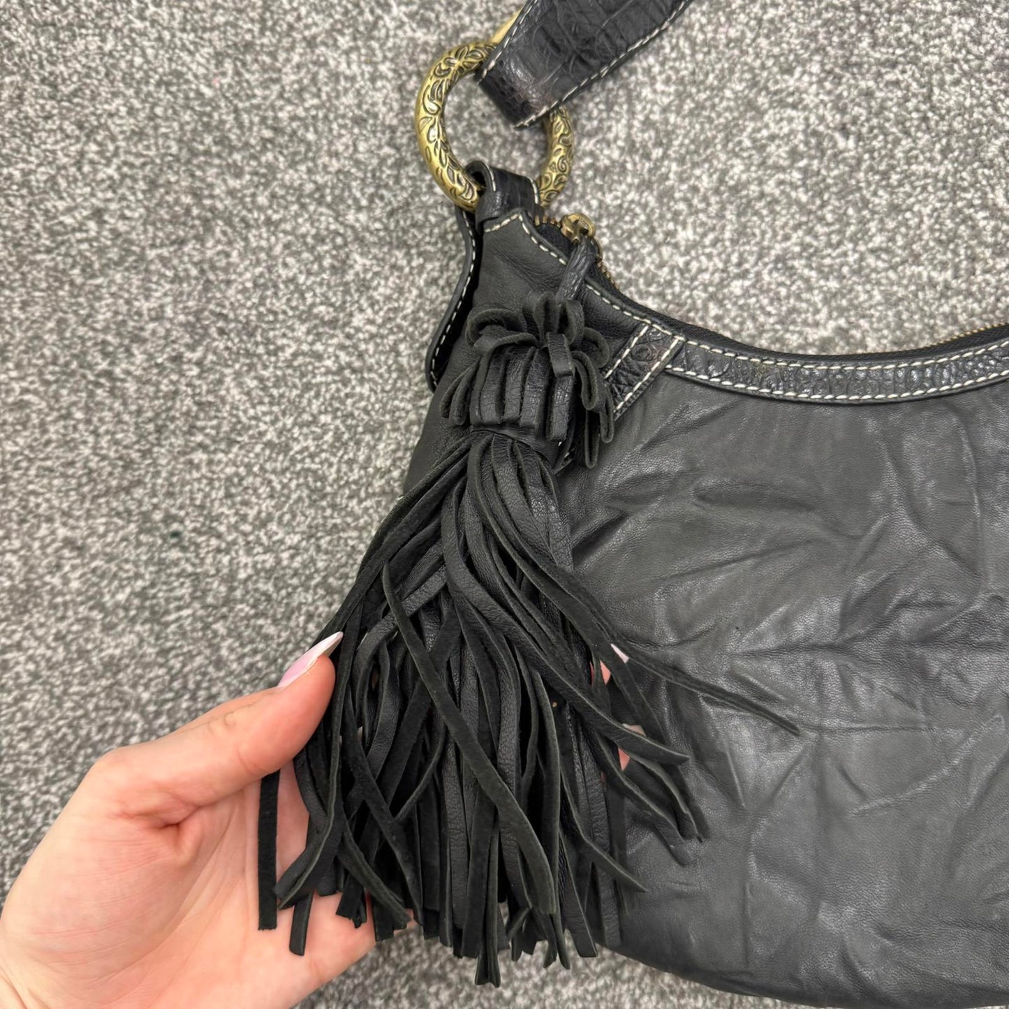 Y2K vintage genuine leather shoulder bag butter soft fringe charm hobo slouchy