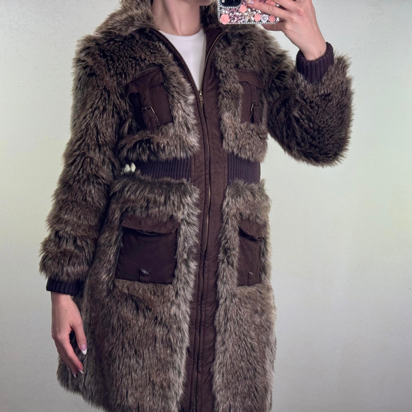 Y2K vintage faux fur long zip up coat cargo pocket faux suede ribbed cuffs