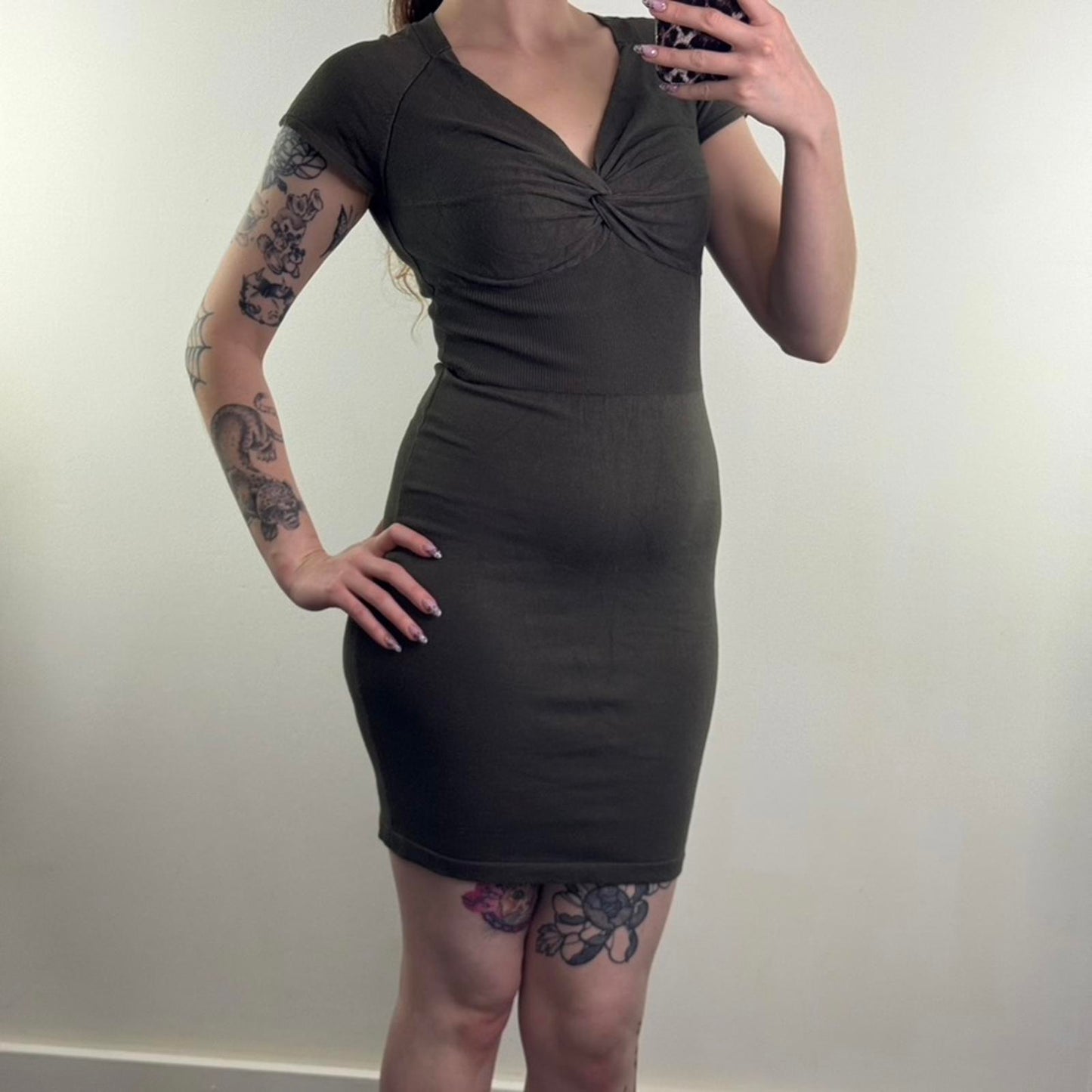 Y2K vintage Morgan De Toi mini dress fine knit stretchy fitted khaki v neck