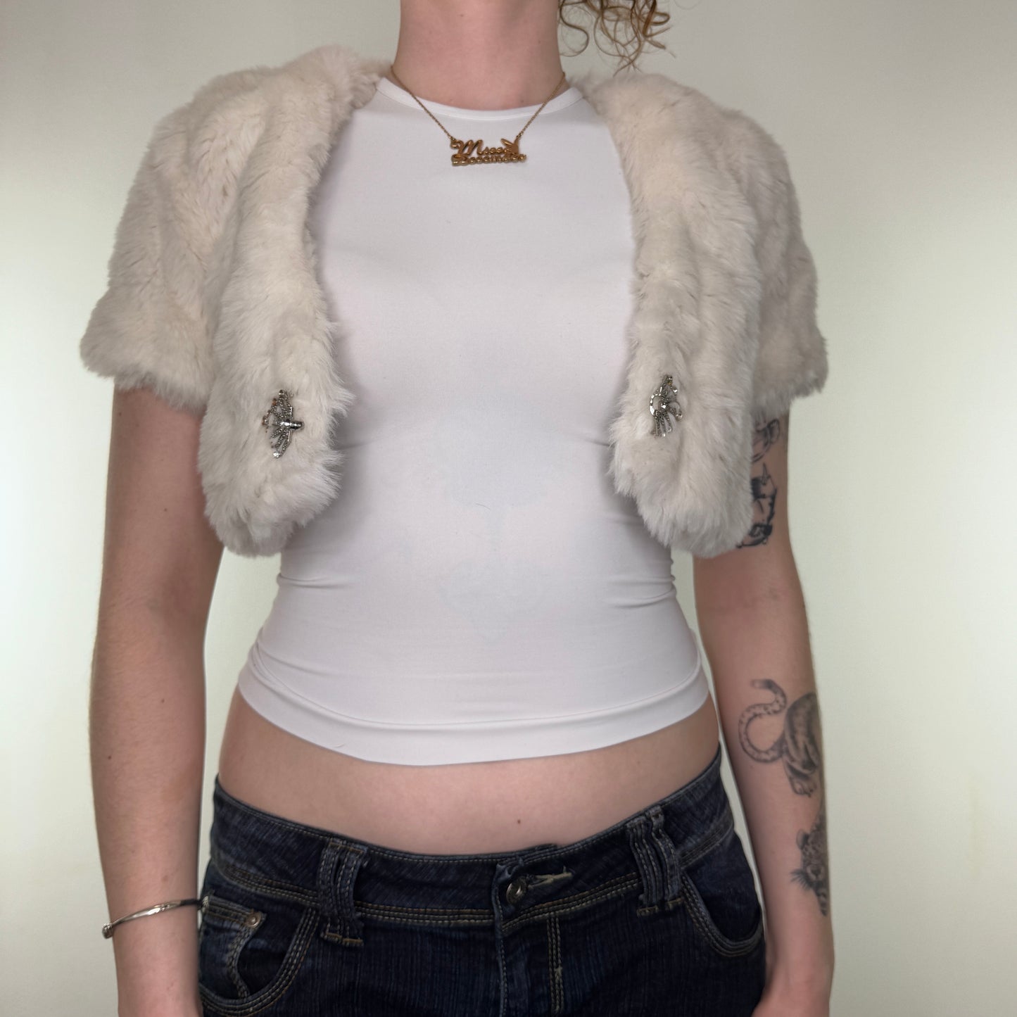 Y2K vintage faux fur cropped short sleeve jacket