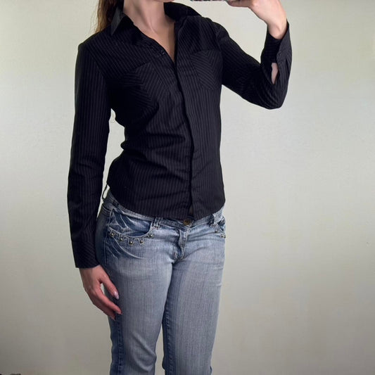 Y2K vintage pinstripe long sleeve shirt button up black purple stripe