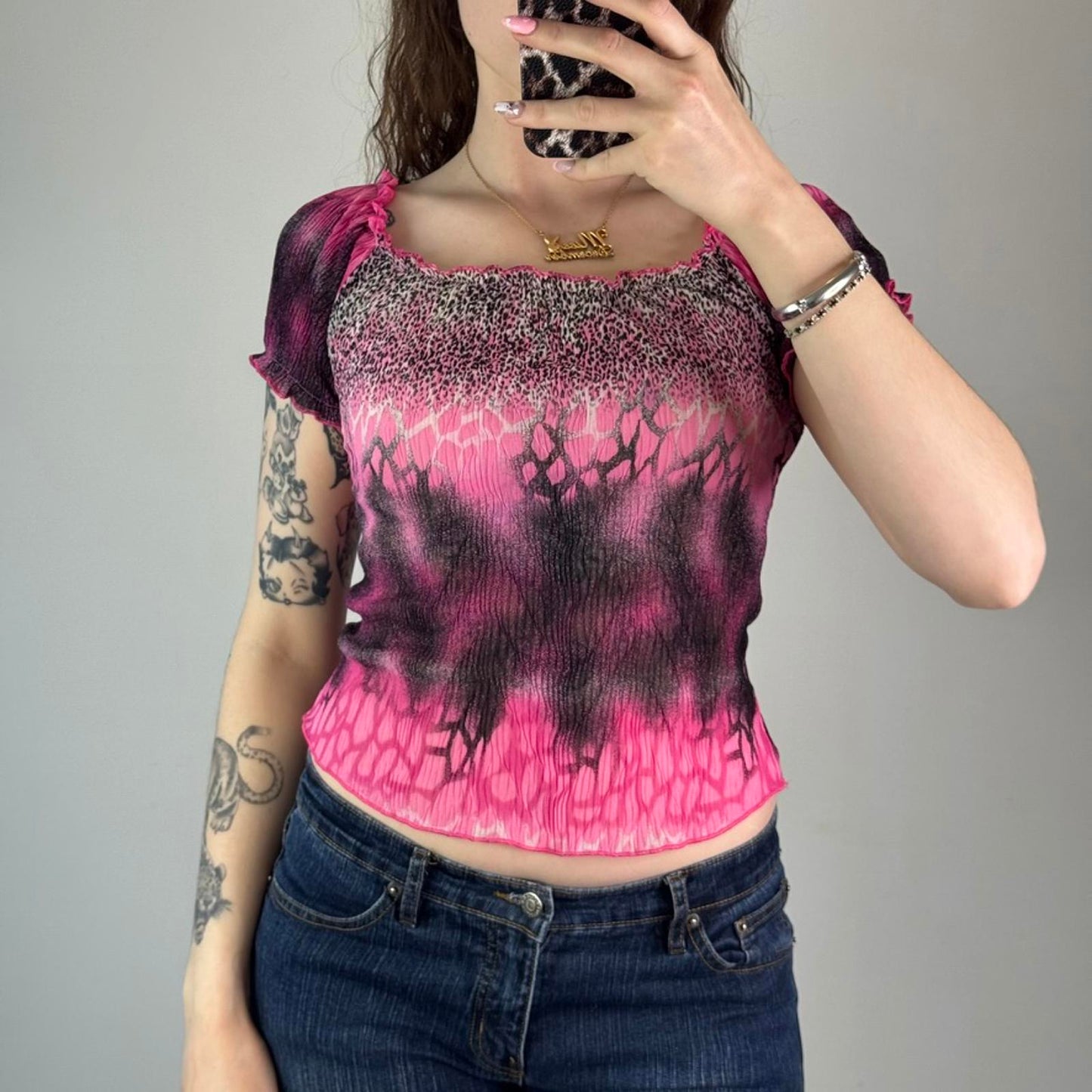 Y2K vintage stretchy off the shoulder leopard print giraffe ombre short sleeve