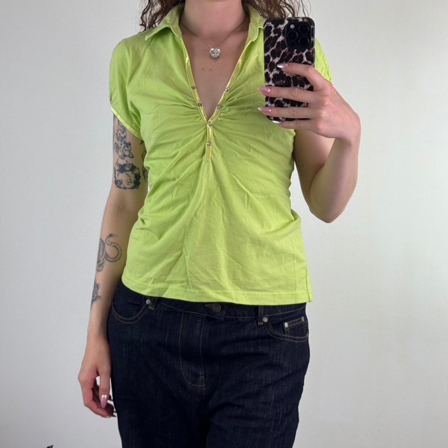 Y2K vintage ruched button up short sleeve polo t shirt bright green v neck