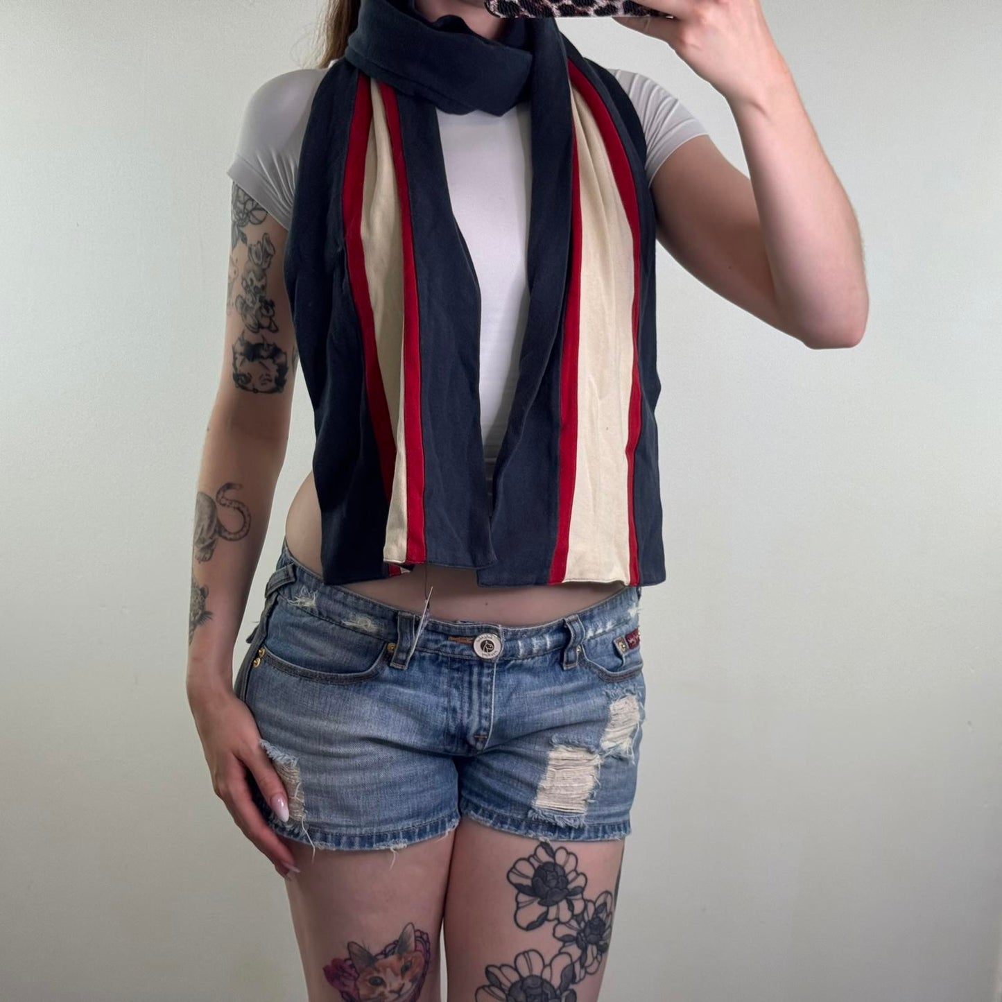 Y2K vintage Tommy Hilfiger denim scarf reversible unisex stripe embroidered