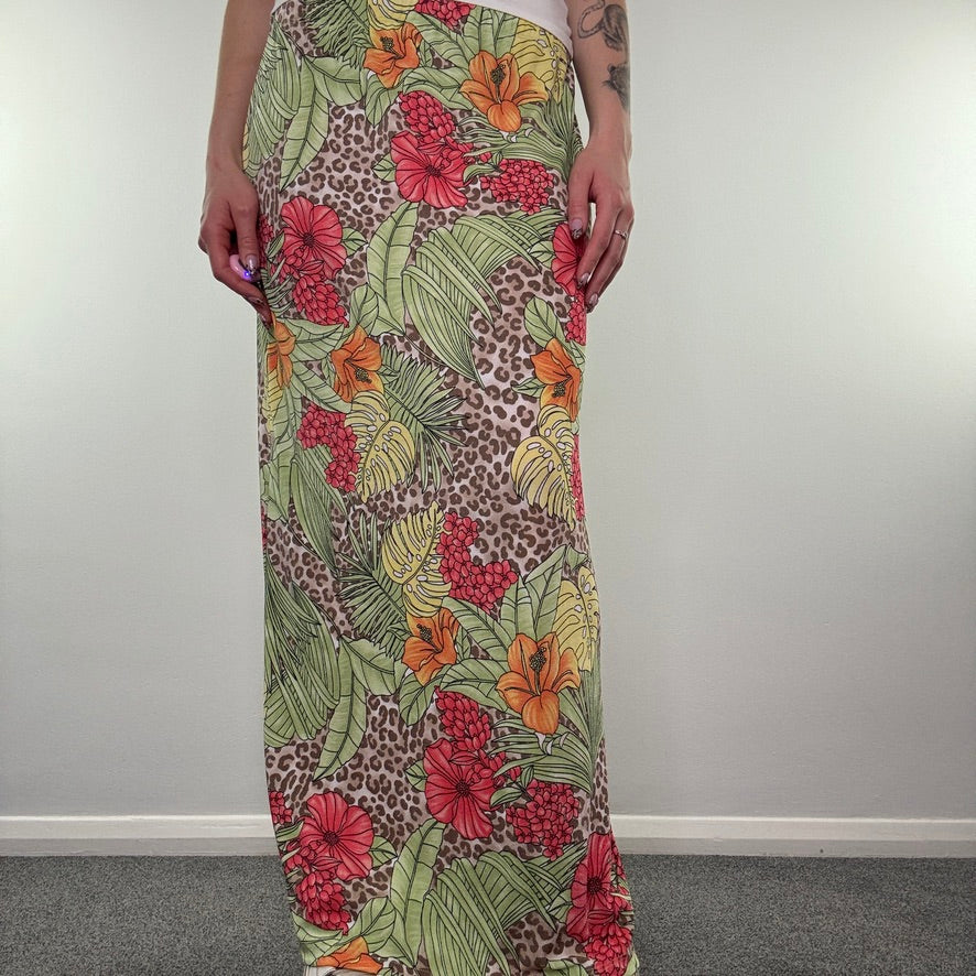 Y2K vintage leopard palm tree floral stretchy maxi skirt